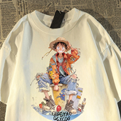 日系复古海贼王纯棉短袖 t恤男女2024夏oversize宽松美式 情侣上衣