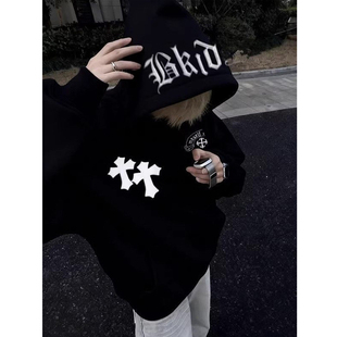 美式高街十字架印花连帽卫衣男款冬季慵懒风宽松百搭情侣上衣外套