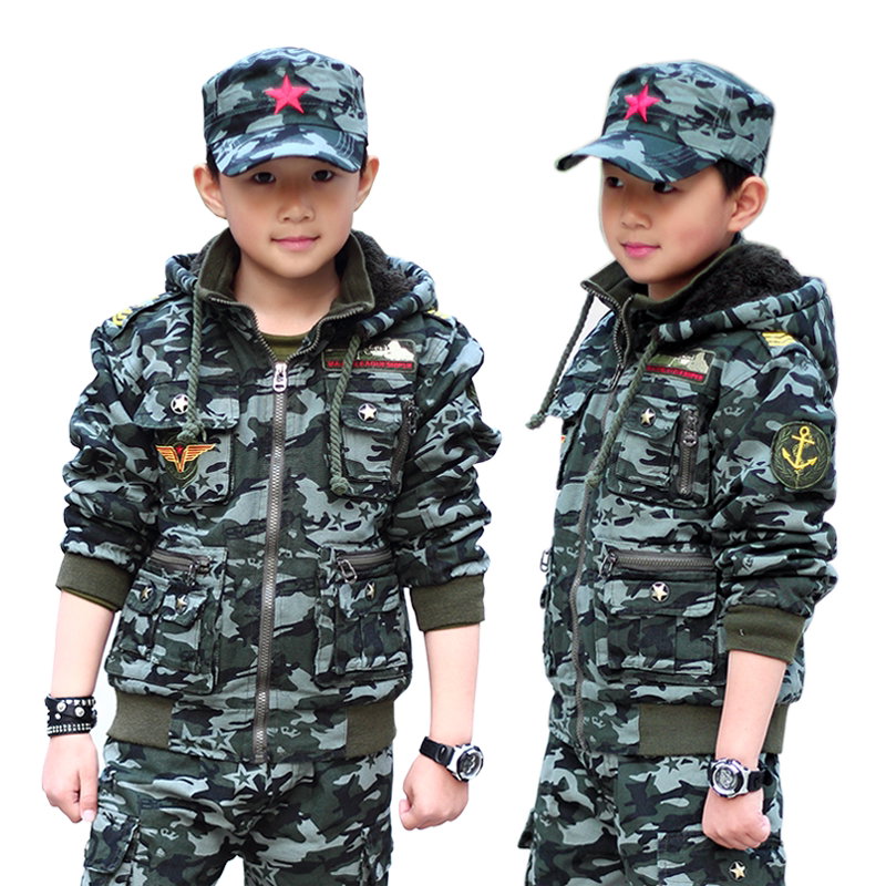 冬新款加绒加厚儿童迷彩服套装男童棉服小孩军训服大童休闲运动装