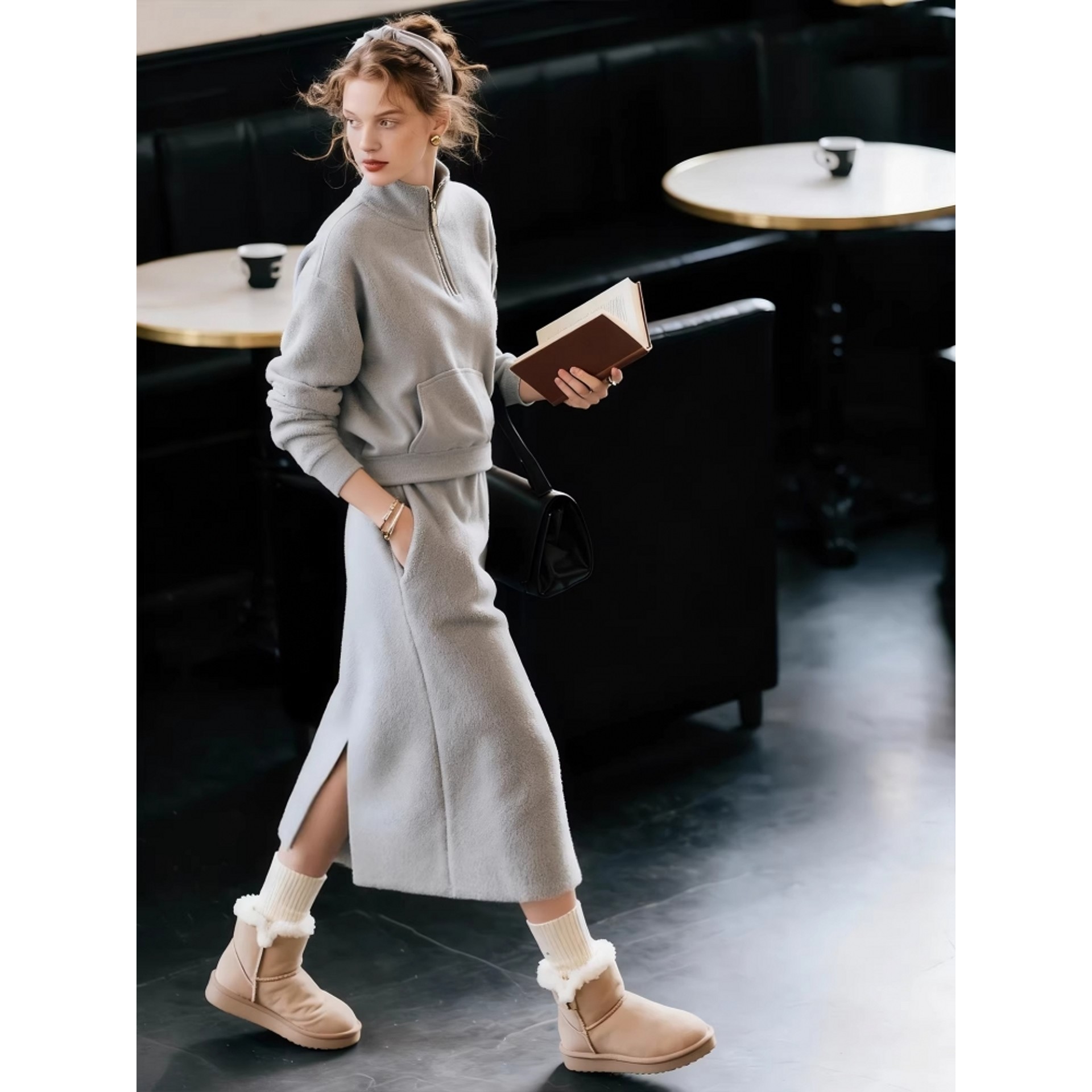 法式立领休闲洋气卫衣女装2026春秋显瘦纯色时尚开叉半身裙两件套,女装/女士精品,时尚套装,淘宝优惠券,粉丝福利购,淘宝优惠卷