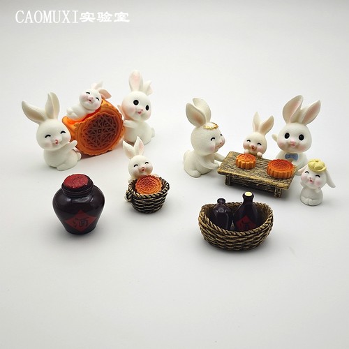 卡通可爱小白兔公仔仿真动物模型中秋节兔子月饼趣味造景微缩摆件