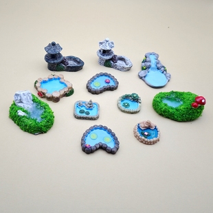 创意建筑模型仿真水池塔楼小池塘树脂桌面装饰好物 diy微景观摆件