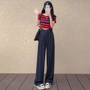 定制跨境垂感西装裤女夏季2025新款高腰显瘦宽窄休闲直筒冰丝阔腿
