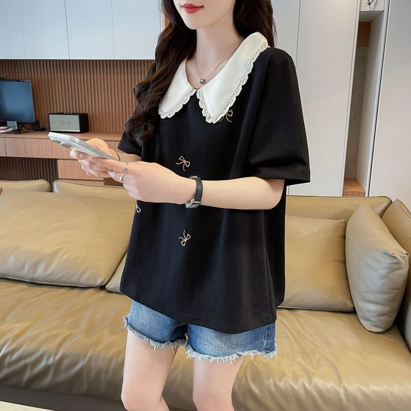 2026夏季娃娃领t恤女设计感蝴蝶印花夏季中长款显瘦短袖上衣潮