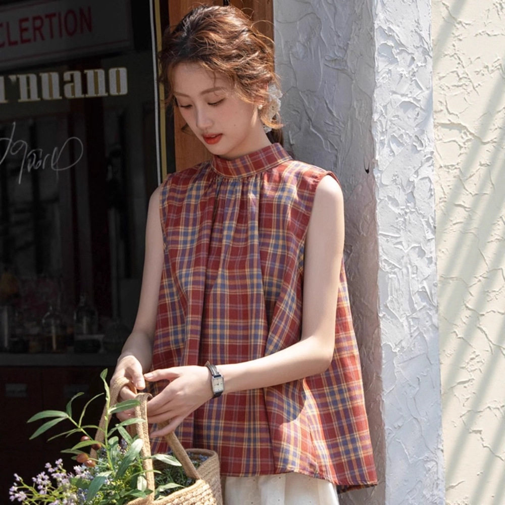 立领红格子衬衫女2025夏季套头设计感小众小个子无袖背心短袖衬衣