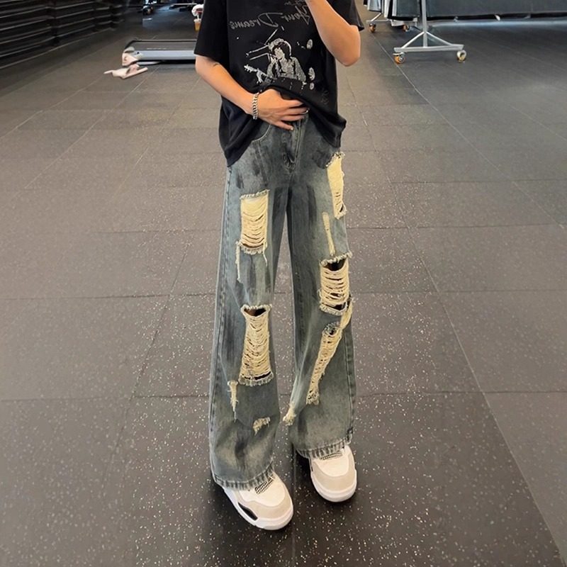潮牌破洞牛仔裤男士2025夏日轻薄弯刀裤子美式高街阔腿微喇长裤子
