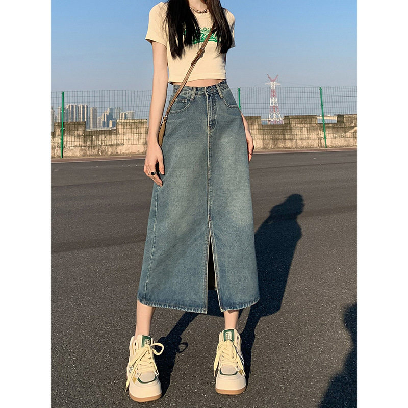 高腰开叉牛仔半身裙女2025新款夏季a字裙包臀裙小个子梨型长裙潮
