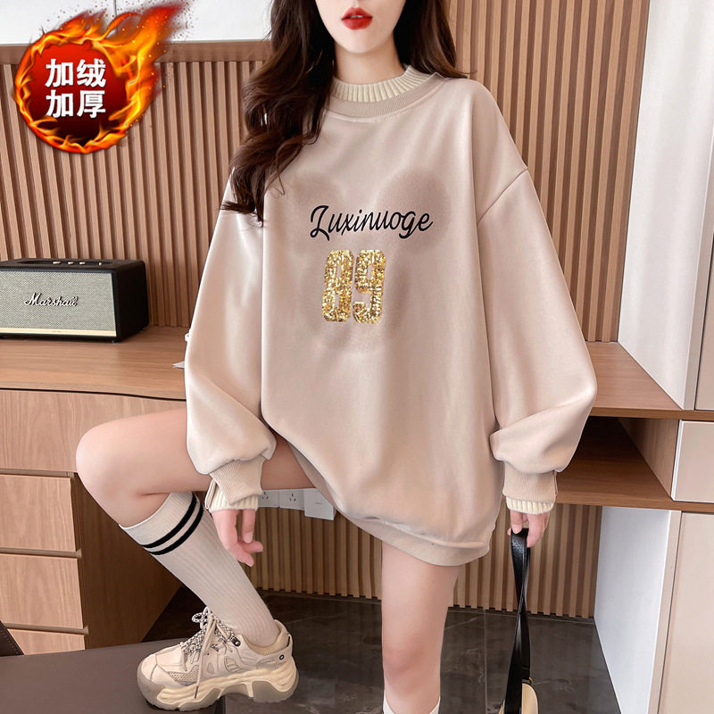 加绒加厚卫衣女款2025新款卡通假两件拼接宽松大码时尚圆领卫衣女