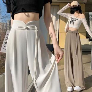 闊腿褲 黑色新中式 小個子高腰垂感直筒休閑窄版 女春秋季 國風西裝 褲