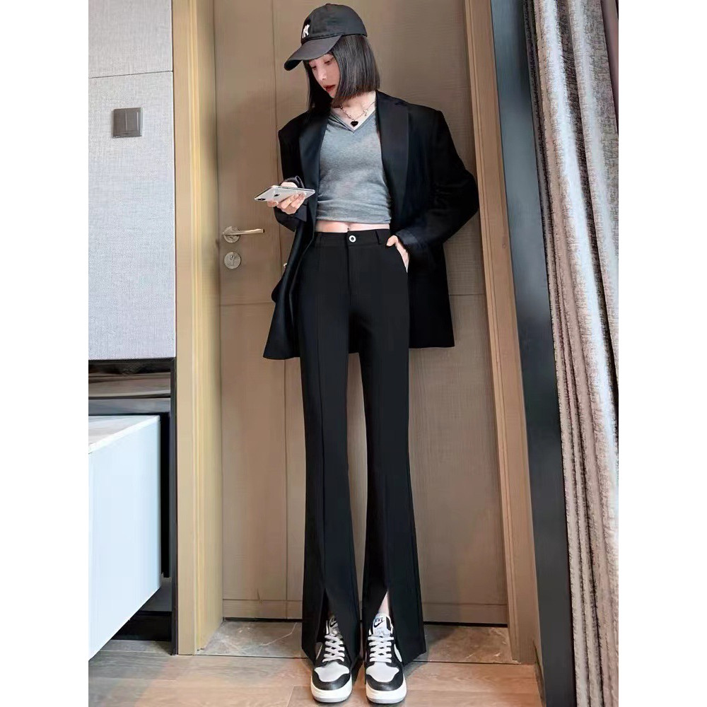 西装裤女小个子高腰时尚开叉微喇叭裤春秋新款修身显瘦休闲长裤