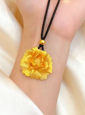 新中式金店同款古法錾刻立体牡丹花吊坠沙金国潮富贵牡丹花开项链