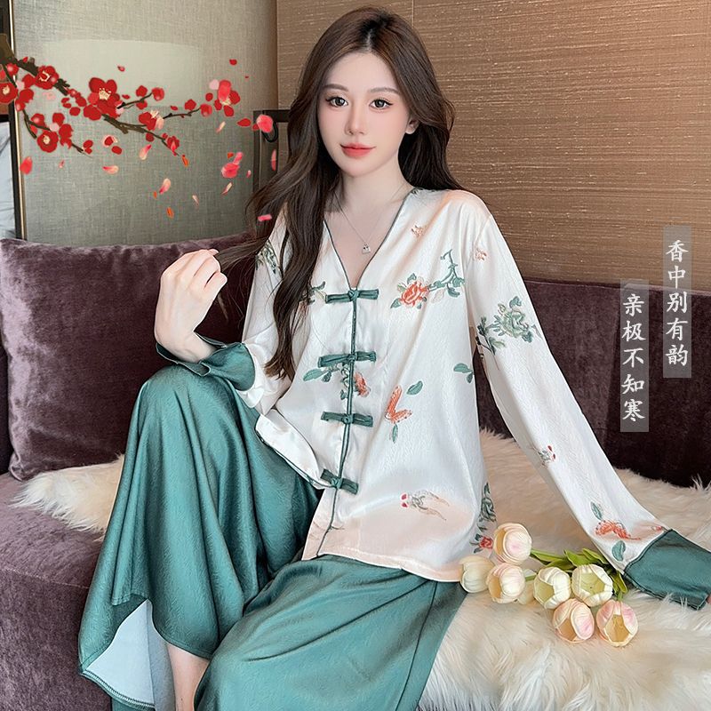 2026春季爆款长袖上衣+裤裙冰雪丝睡衣女高级新中式盘扣裤裙