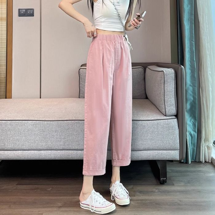 卡其色老爹裤女夏季薄款高腰宽松显瘦萝卜小个子九分冰丝哈伦裤子