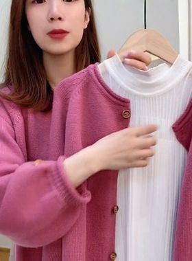 亚马逊红色毛衣开衫外套女秋冬法式高级感软糯慵懒圆领针织衫