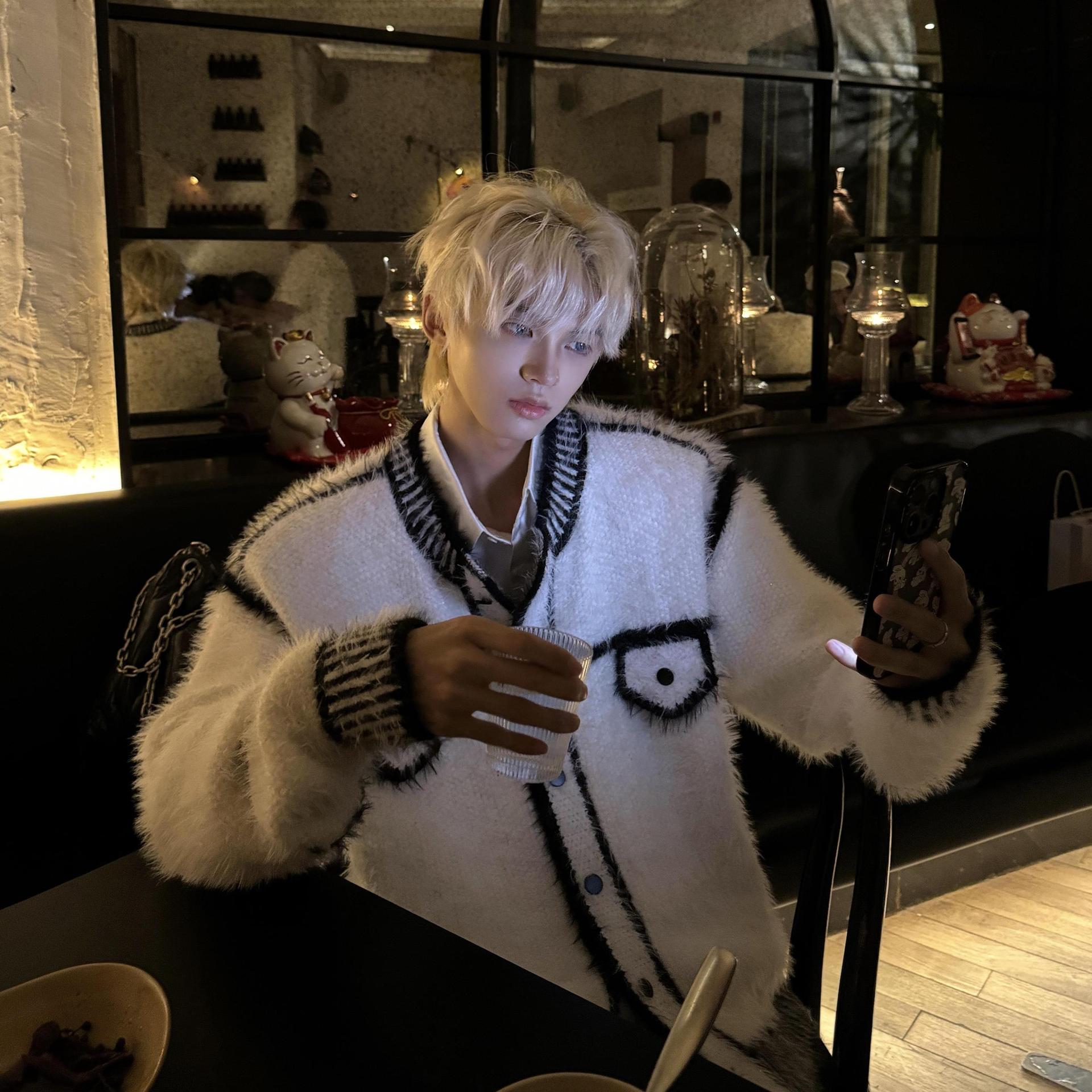 男模穿搭小香风毛绒开衫外套美式复古慵懒风高级感针织衫毛衣ins