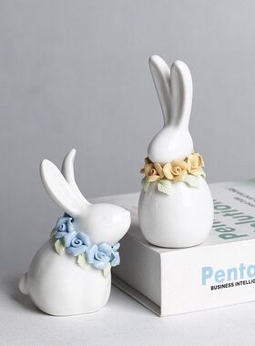 跨境新品 复活节装饰品 ins复活捏花陶瓷兔桌面摆件 节日派对礼物