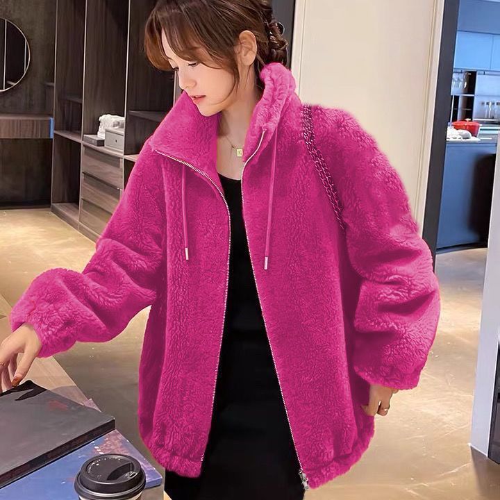 秋冬外穿立领加绒加厚羊羔绒长袖外套休闲家居服双面珊瑚绒卫衣女