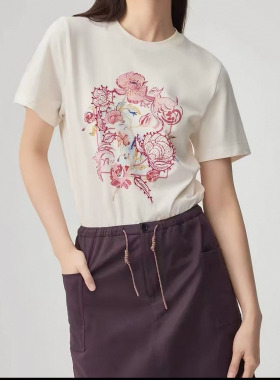 2026早春新款女装 简约纯棉印花刺绣宽松圆领短袖T恤