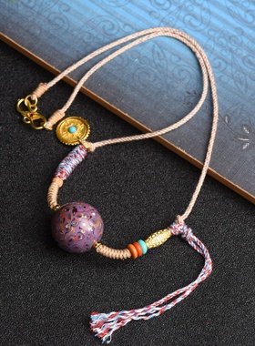 薰衣草紫大漆珠手搓棉线锁骨链