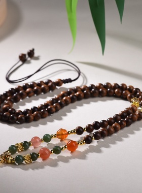 新中式天然南红和田玉佛珠项链绳