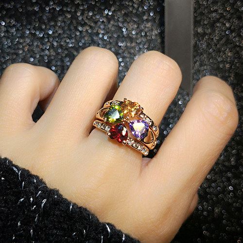 轻奢四叶草可拆分碧玺紫水晶戒指