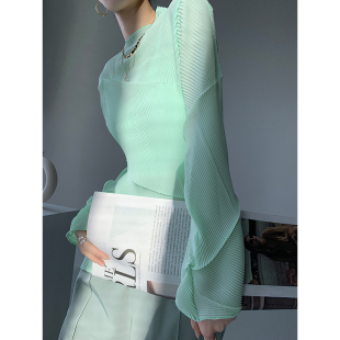 谢丑丑绿色不规则褶皱雪纺衫 春秋潮牌宽松显瘦设计感上衣 女士长袖