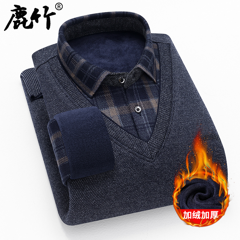 爸爸秋冬款加绒加厚保暖衬衫