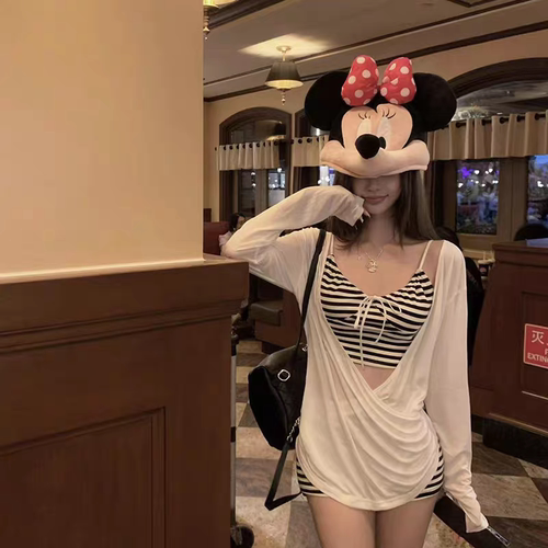 新款纯欲甜美条纹分体泳衣三件套女微透罩衫平角保守度假温泉泳装