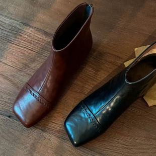 女鞋 复古方头短靴女粗跟真皮切尔西靴子大码 子 法式 2025秋冬新款