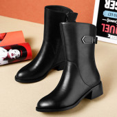 2024秋冬新款 真皮粗跟短靴女平底中筒靴厚底马丁靴百搭女靴子加绒