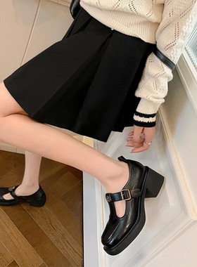 真皮法式复古风方头玛丽珍鞋女新款粗跟镂空搭扣山茶花厚底单鞋