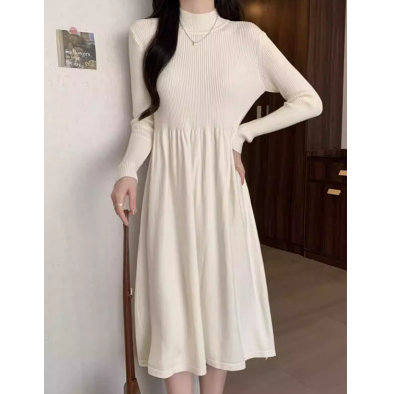 小个子搭配150cm秋冬半高领针织连衣裙气质长款内搭打底毛衣裙xs