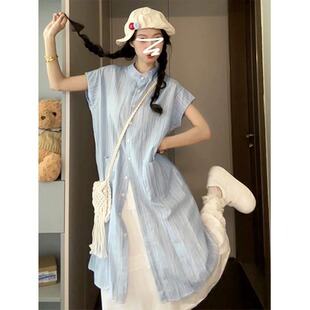 150CM法式甜美条纹短袖衬衫连衣裙海边度假风气质宽松显瘦A字裙夏