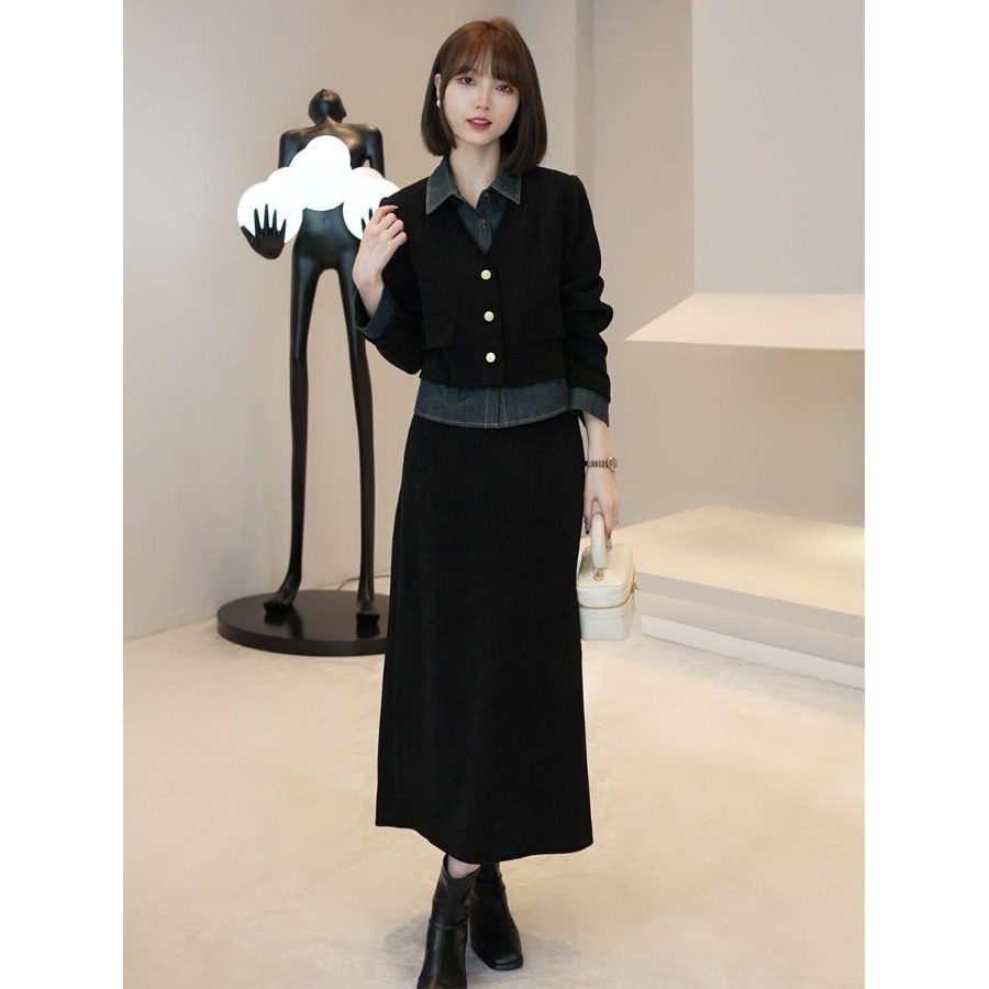 小个子显高套装秋150cm假两件牛仔拼接外套高腰半身裙两件套xs女