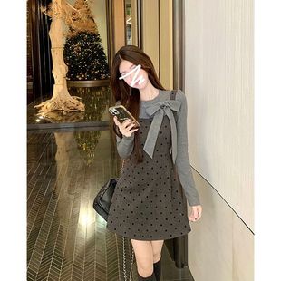 小矮个子145韩系假两件拼接波点连衣裙150秋冬收腰显瘦A字长裙女