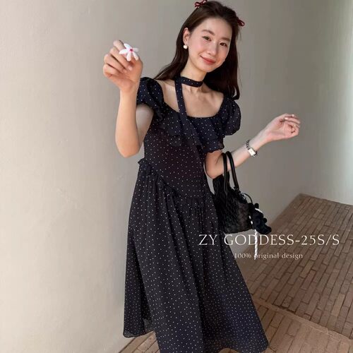 小个子145韩版设计感波点一字肩连衣裙150法式温柔泡泡袖长裙xs夏