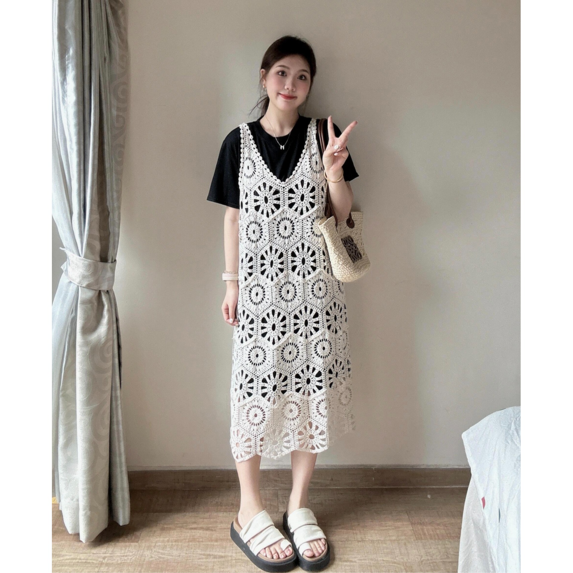 夏季新款矮小个子150cm连衣裙套装镂空提花吊带裙t恤中长裙两件套