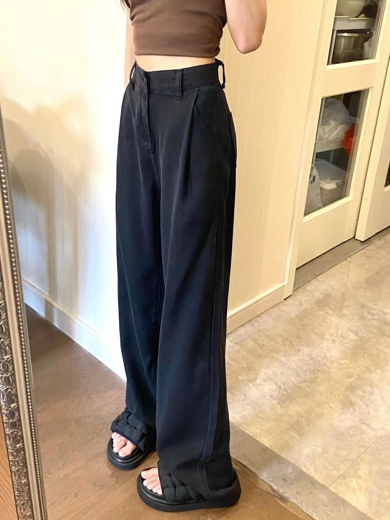 145小个子黑色超薄天丝牛仔长裤女150高腰垂感宽松阔腿拖地裤xs夏