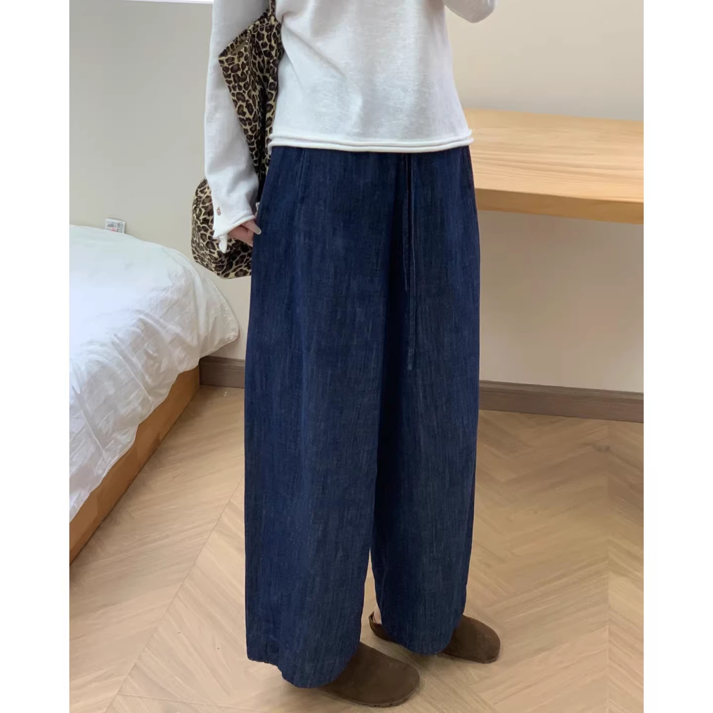 矮个子深蓝色弯刀牛仔裤百搭显瘦150cm高腰松弛感九分阔腿哈伦裤