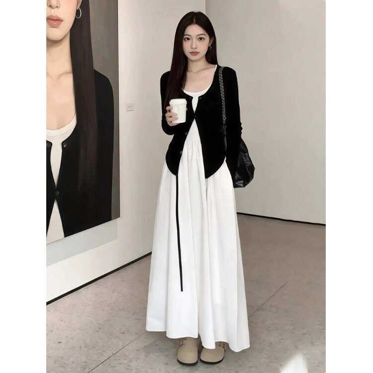 150CM矮小个子白色吊带连衣裙显瘦穿搭法式气质高级感长裙套装XS