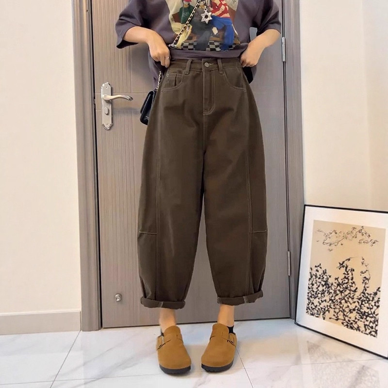 秋冬新款150CM高腰老爹牛仔裤小个子宽松卡其色九分阔腿哈伦裤XXS