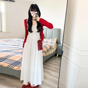 小个子150赫本风显瘦吊带白色连衣裙+显白红色短款开衫外套套装xs