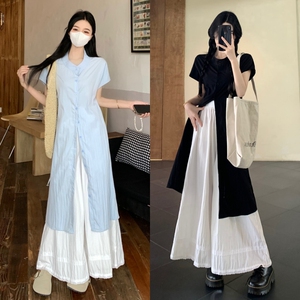 145小个子叠穿短袖宽松衬衫连衣裙+阔腿裤裙150夏季时尚两件套xs