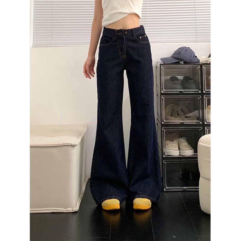 小个子深蓝色美式微喇牛仔裤宽松显瘦150低腰百搭直筒喇叭拖地裤