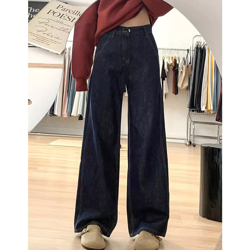 秋冬新款小个子复古高腰丹宁蓝直筒牛仔裤150CM宽松阔腿拖地裤XXS