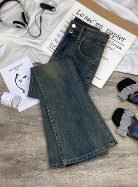 秋季新款150cm高腰小个子蓝色微喇牛仔裤显瘦百搭弹力修身喇叭裤