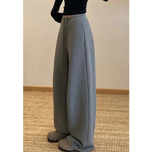 小个子灰色运动休闲弯刀毛巾裤 145CM高腰垂感休闲抽绳香蕉拖地裤