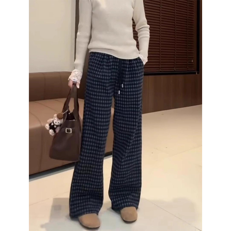 小个子藏青色毛呢格子休闲裤秋冬145小码抽绳设计高腰阔腿裤xs女