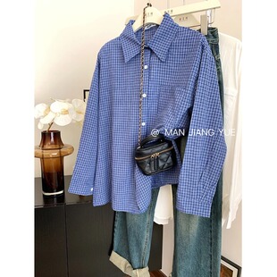 145矮小个子复古蓝色格子休闲长袖 POLO学院风百搭上衣女春XS 衬衫