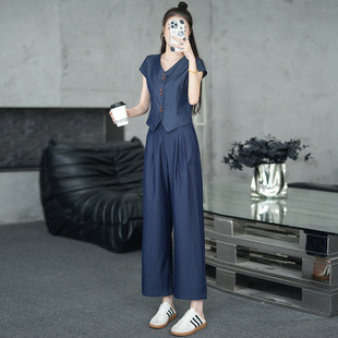 夏季新款小矮个子松弛感马甲套装显瘦穿搭150cm高腰宽松阔腿长裤